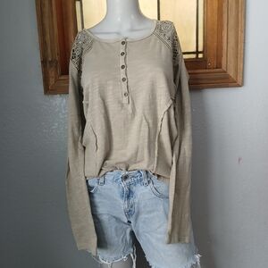 Mystree Beige Long Sleeve Blouse with Lace Detail, Large, Boho Basic